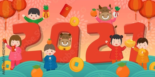 Chinese New Year celebration 2021 three-dimensional lettering, children with cartoon characters, flat style design, decorative elements for greeting cards, comic illustration vector