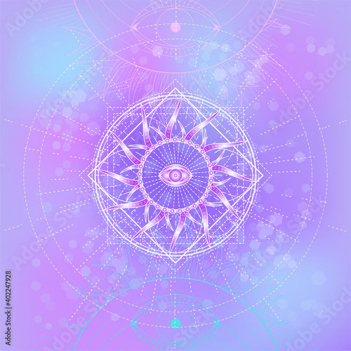 Vector illustration of Sacred geometry symbol on abstract background. Mystic sign drawn in lines. Image in purple color.