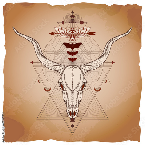 Vector illustration with hand drawn antelope skull, dead head moth and Sacred geometric symbol on vintage paper background with torn edges. Abstract mystic sign. Image in sepia and red color. 