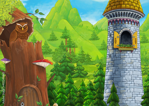 Cartoon happy scene of castle near the forest with bird owl illustration
