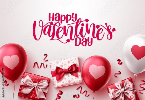 Happy valentines day vector background. Valentines day greeting text with heart balloons, gifts and confetti elements in white background. Vector illustration.