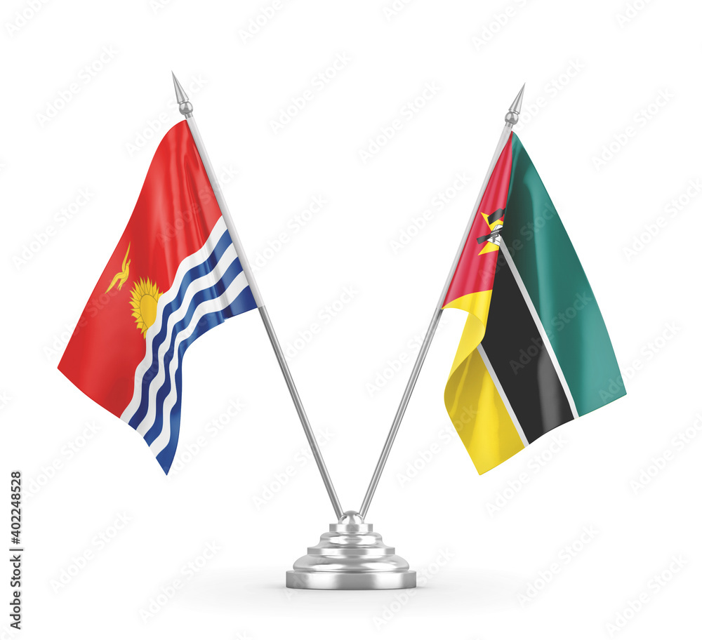 Mozambique and Kiribati table flags isolated on white 3D rendering