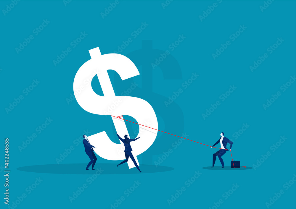 Business team work group push and raises big money rate symbol dollar  illustration