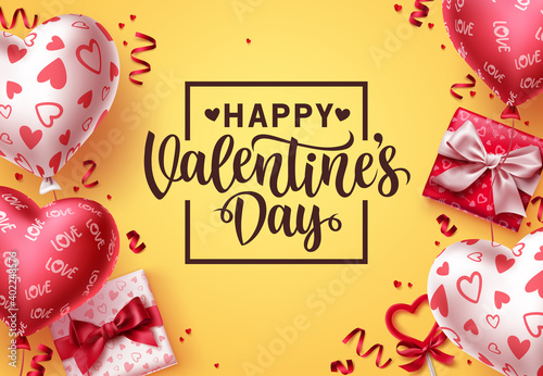Valentines day vector background. Happy valentines day greeting text with colorful balloon heart patterns, gifts and confetti elements in yellow background. Vector Illustration.

