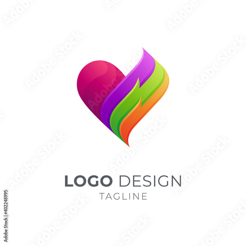Fire heart logo. Abstract love logo template. Modern 3d gradient colorful logo style
