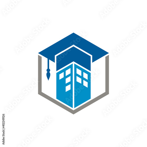 School/university/college building logo. Building tower with toga hat logo concept. Modern education logo template