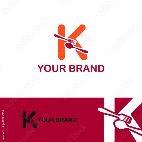 Initial letter K with spoon and fork for restaurant, catering, canteen, kitchen, cook logo design vector concept