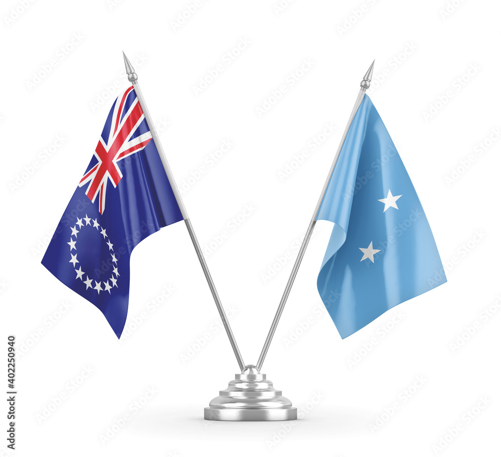 Micronesia and Cook Islands table flags isolated on white 3D rendering