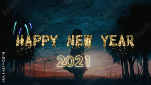 Animated text New Year 2021 landscape background
