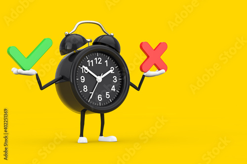 Alarm Clock Character Mascot with Red Cross and Green Check Mark, Confirm or Deny, Yes or No Icon Sign. 3d Rendering