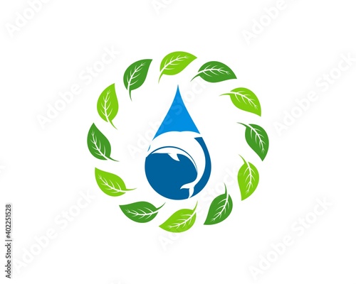 Circular nature leaf with water drop and fish