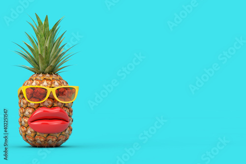 Fun Cartoon Fashion Hipster Cut Pineapple Character with Yellow Sunglasses and Big Red Lips. 3d Rendering