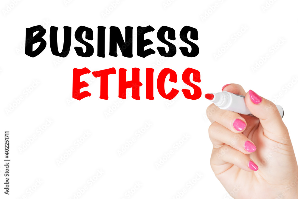 Fototapeta premium Woman Hand Writing Business Ethics Message with Red Marker on Transparent Wipe Board. 3d Rendering