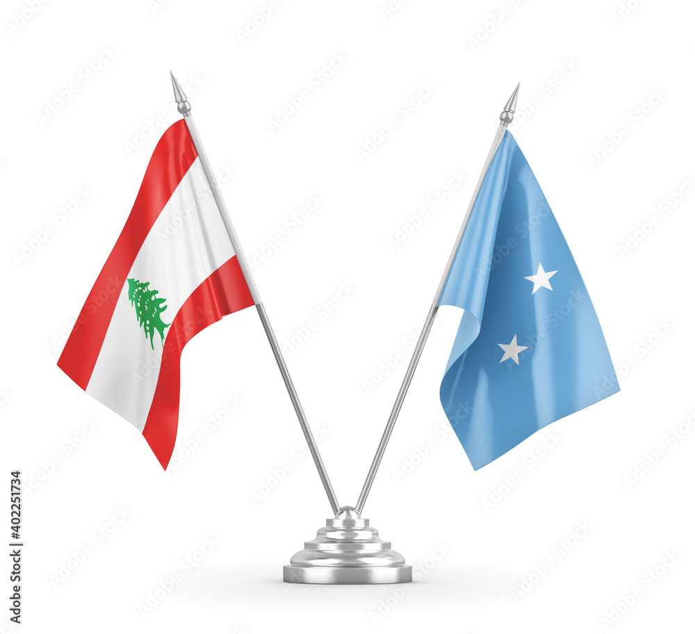Micronesia and Lebanon table flags isolated on white 3D rendering Micronesia and Lebanon table flags isolated on white 3D rendering