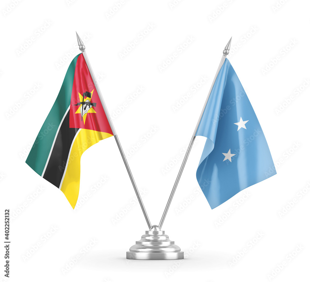 Micronesia and Mozambique table flags isolated on white 3D rendering Micronesia and Mozambique table flags isolated on white 3D rendering