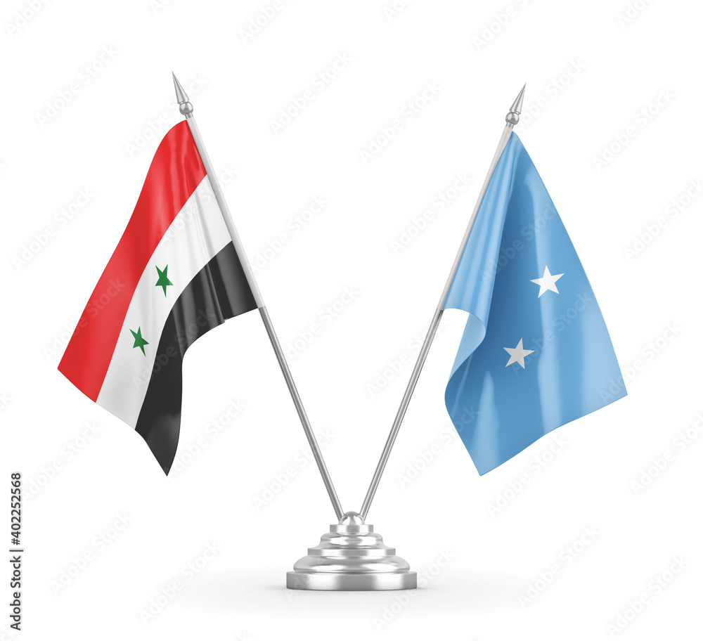 Micronesia and Syria table flags isolated on white 3D rendering
