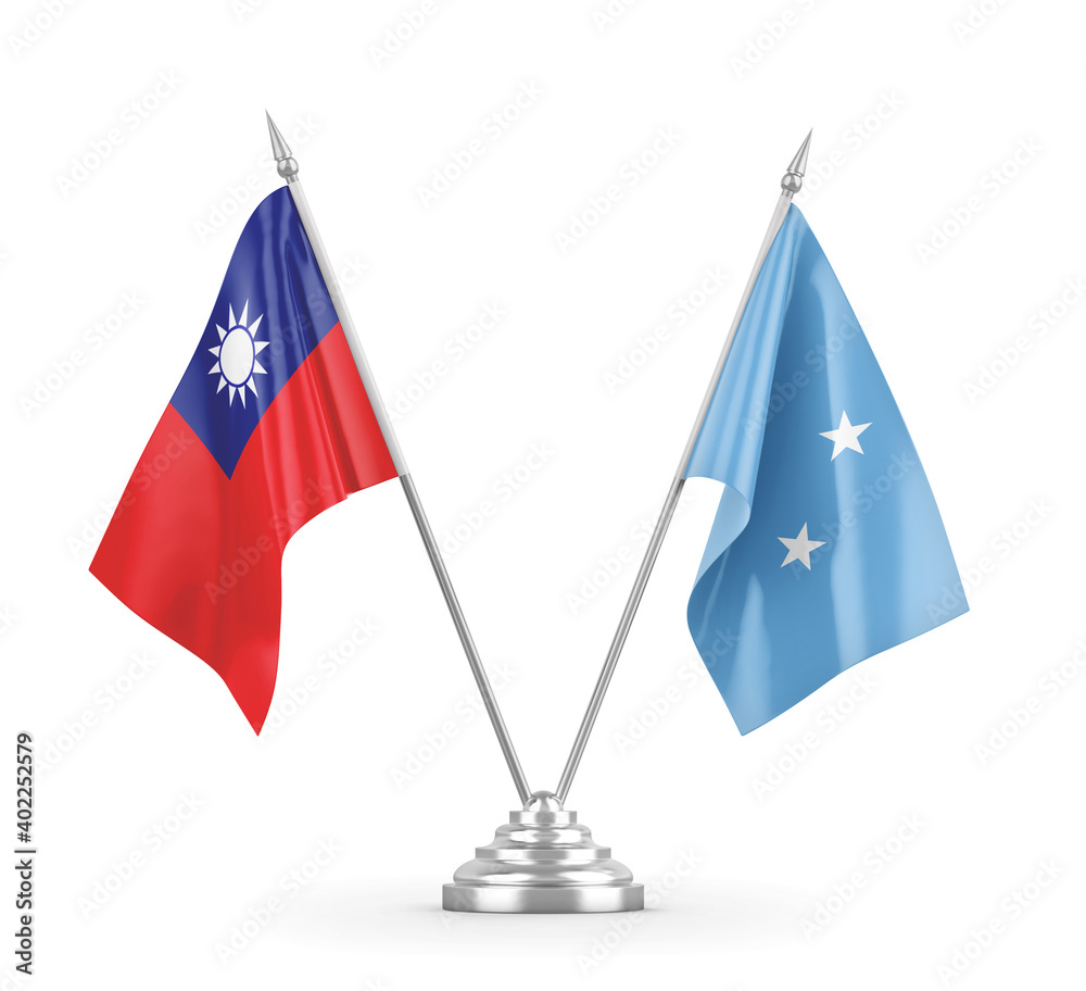 Micronesia and Taiwan table flags isolated on white 3D rendering