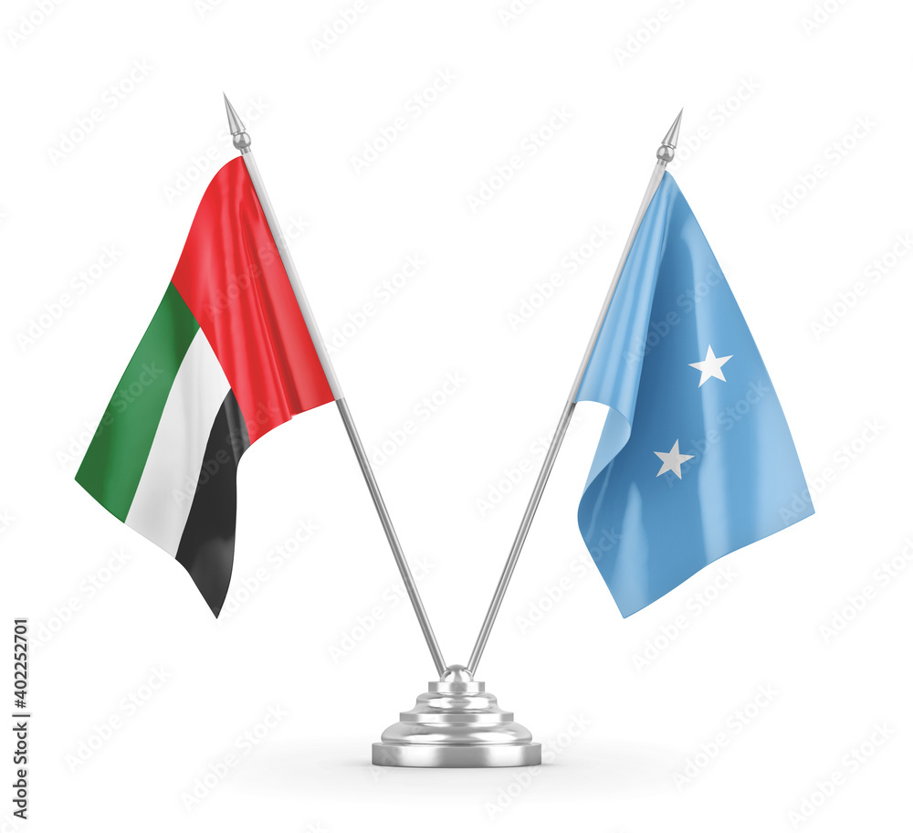 Micronesia and United Arab Emirates table flags isolated on white 3D rendering Micronesia and United Arab Emirates table flags isolated on white 3D rendering