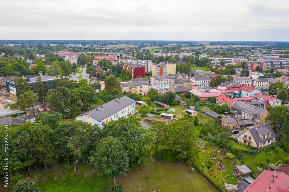 Talsi, Latvia, Baltics. Aerial view photo from flying drone panoramic to Talsi old town and new town on a sunny summer day. (Series)