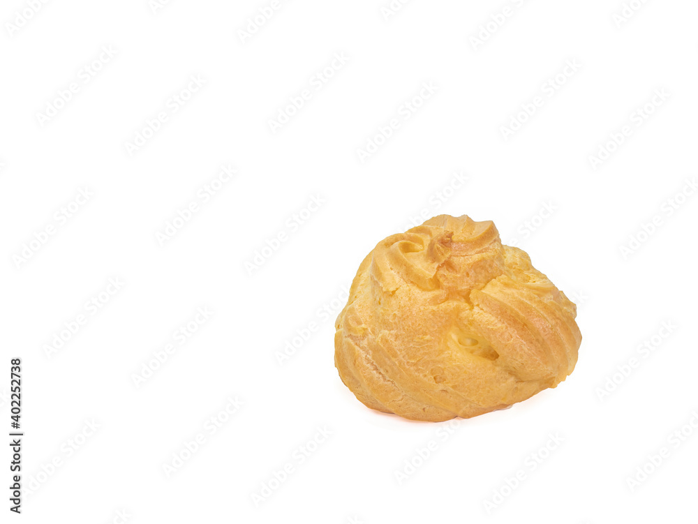 The close up of homemade vanilla custard choux cream (cream puff pastry), sweet bakery food isolated on white background.