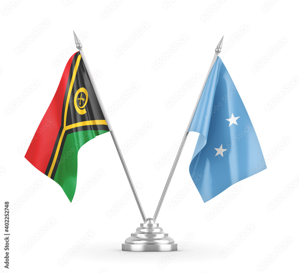 Micronesia and Vanuatu table flags isolated on white 3D rendering