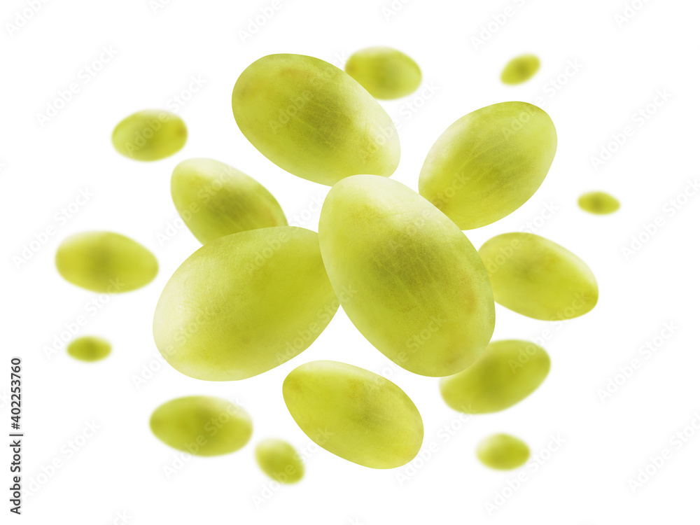 Green grapes levitate on a white background Green grapes levitate on a white background