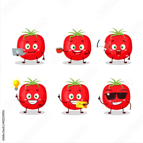 Tomato cartoon character with various types of business emoticons