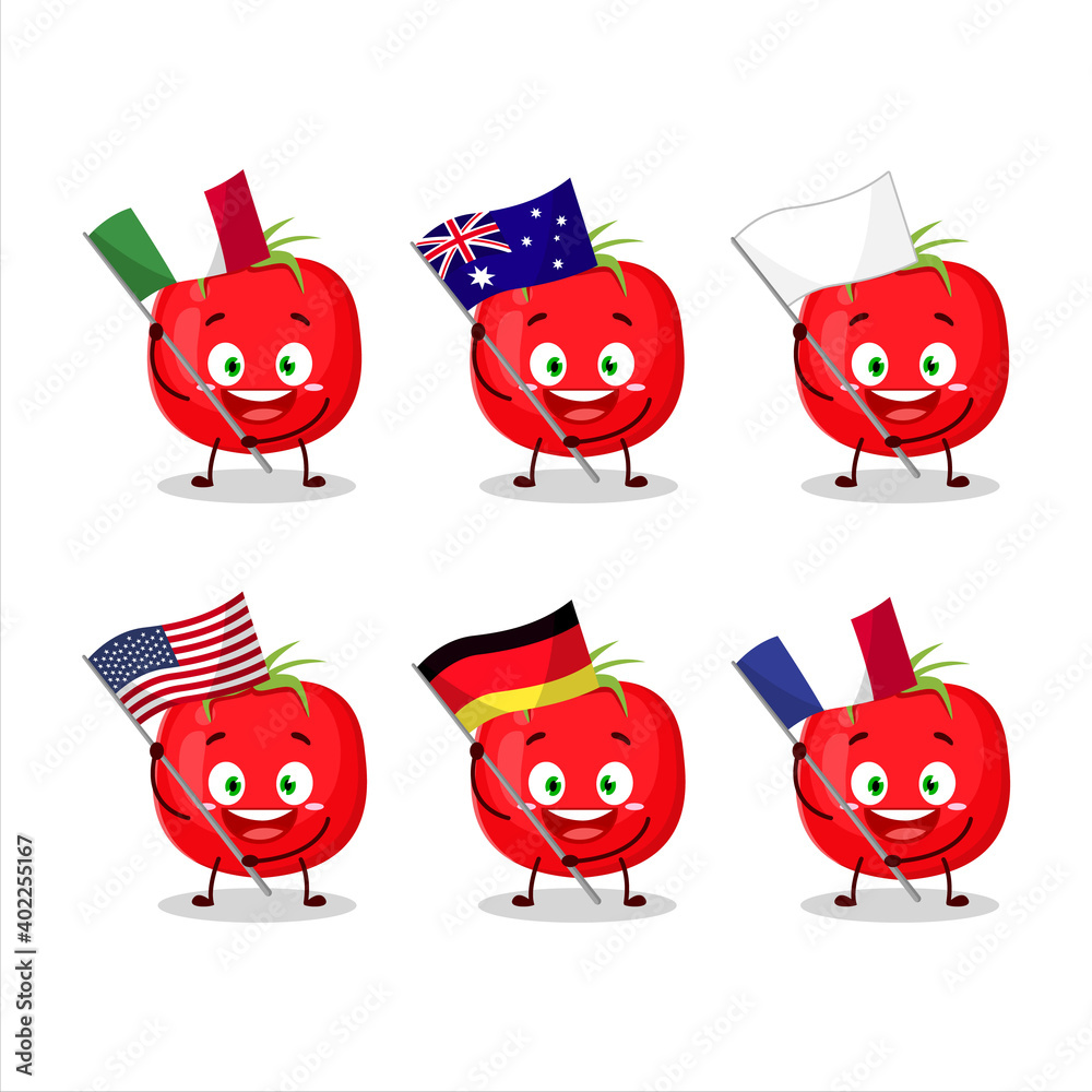 Tomato cartoon character bring the flags of various countries