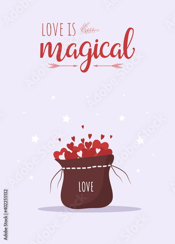 Valentines day card for concept design. Love is magical. Cute festive elements of 14 february. Vector illustration in flat cartoon style. Greeting banner or web poster
