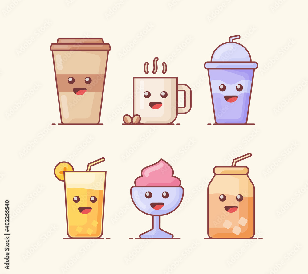 drink beverage icon set collection package with kawai style face with white isolated background and flat color outline style