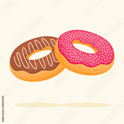 doughnut donuts ring bread chocolate strawberry glaze white isolated background with flat color style