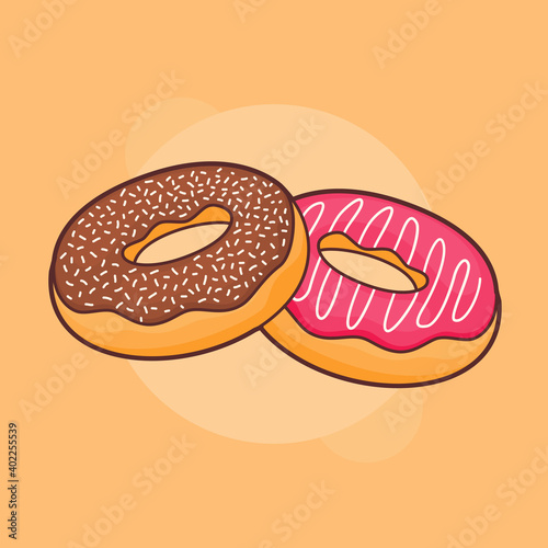 doughnut donuts popular sweet pastry snack chocolate strawberry glaze with flat full color outline style