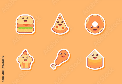 food icon set collection package burger pizza doughnuts cupcake fried chicken isolated background kawai emoticon face cute fun happy white isolated background with flat color outline style