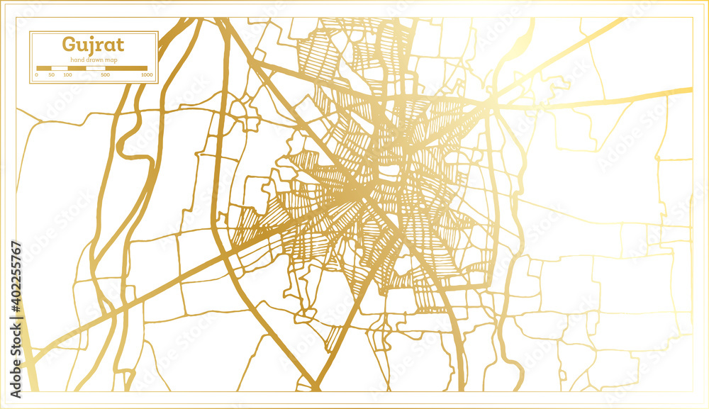 Gujrat Pakistan City Map in Retro Style in Golden Color. Outline Map.