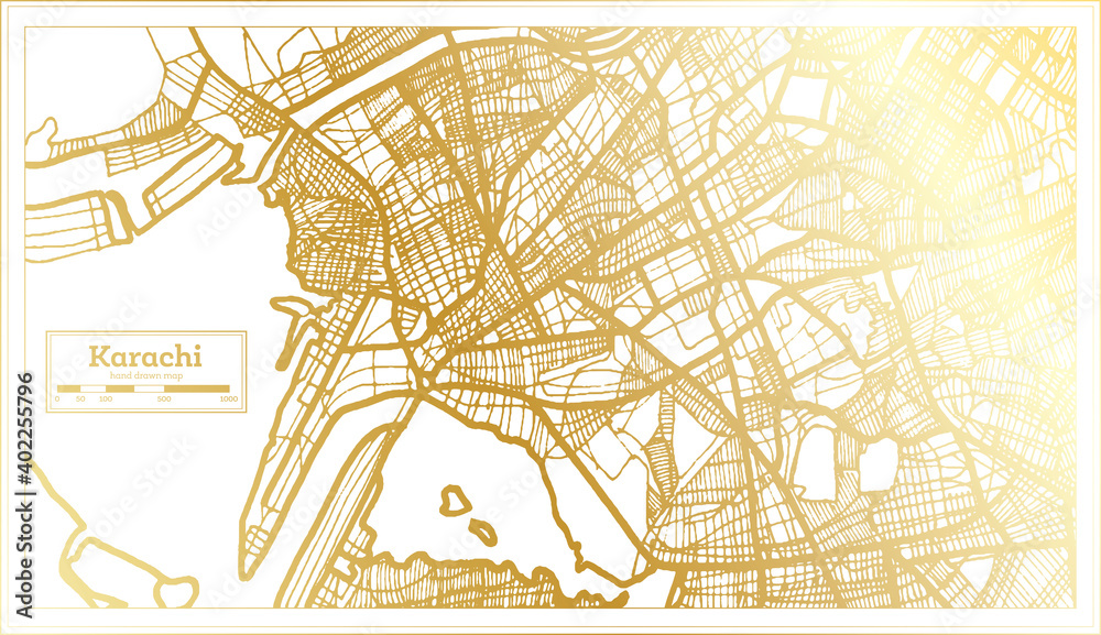 Karachi Pakistan City Map in Retro Style in Golden Color. Outline Map.
