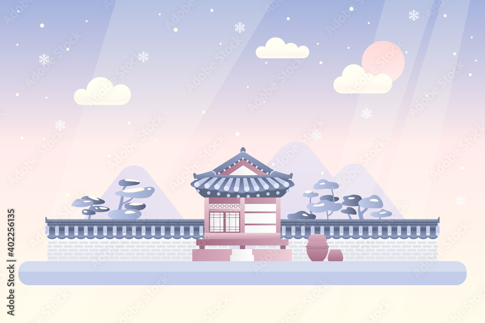 Vector illustration of a winter landscape with a Korean traditional house.