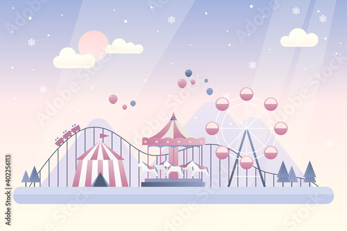 Winter landscape with a theme park.