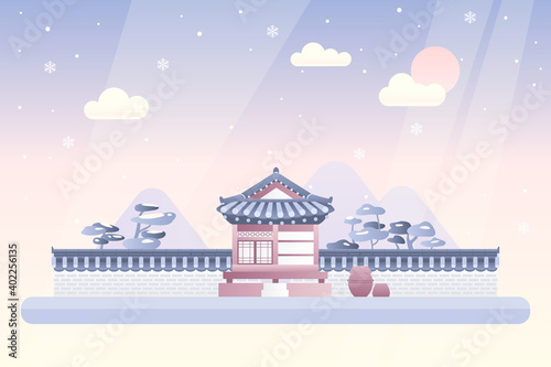 Vector illustration of a winter landscape with a Korean traditional house.