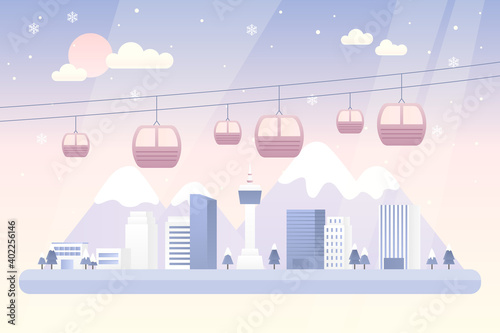 A vector illustration of city and cable car.