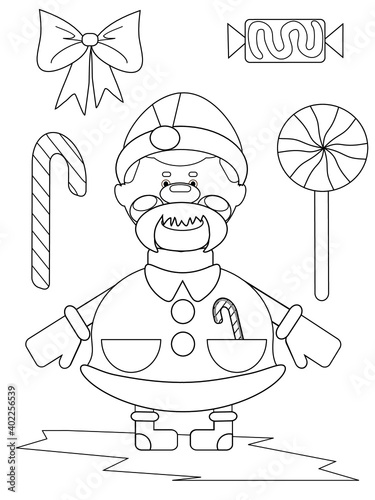 Coloring book for children. Santa Claus and various sweets.Black and white vector illustration.The development of skills in painting and drawing.