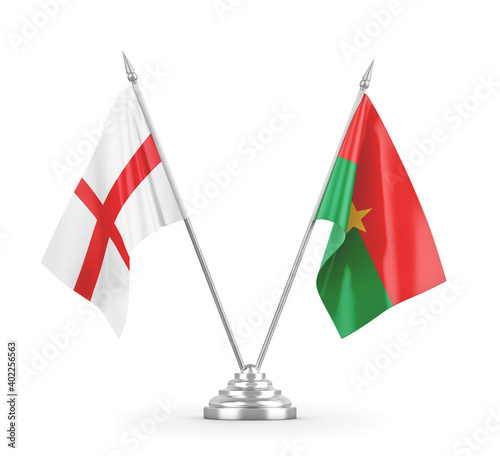Burkina Faso and England table flags isolated on white 3D rendering