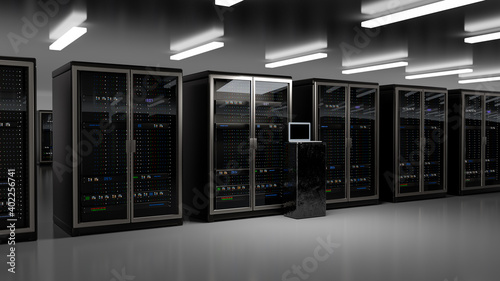 Server room data center. Backup, mining, hosting, mainframe, farm and computer rack with storage information. 3d render