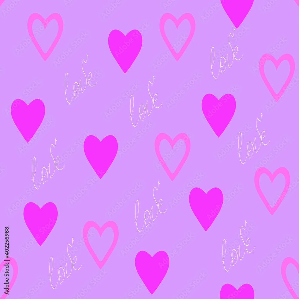 Seamless pattern with hand drawn hearts and words Love,girly pattern template,Valentines day decoration,romance print,can be used for wallpaper,background,wrapping paper,cover,fabric design,postcard