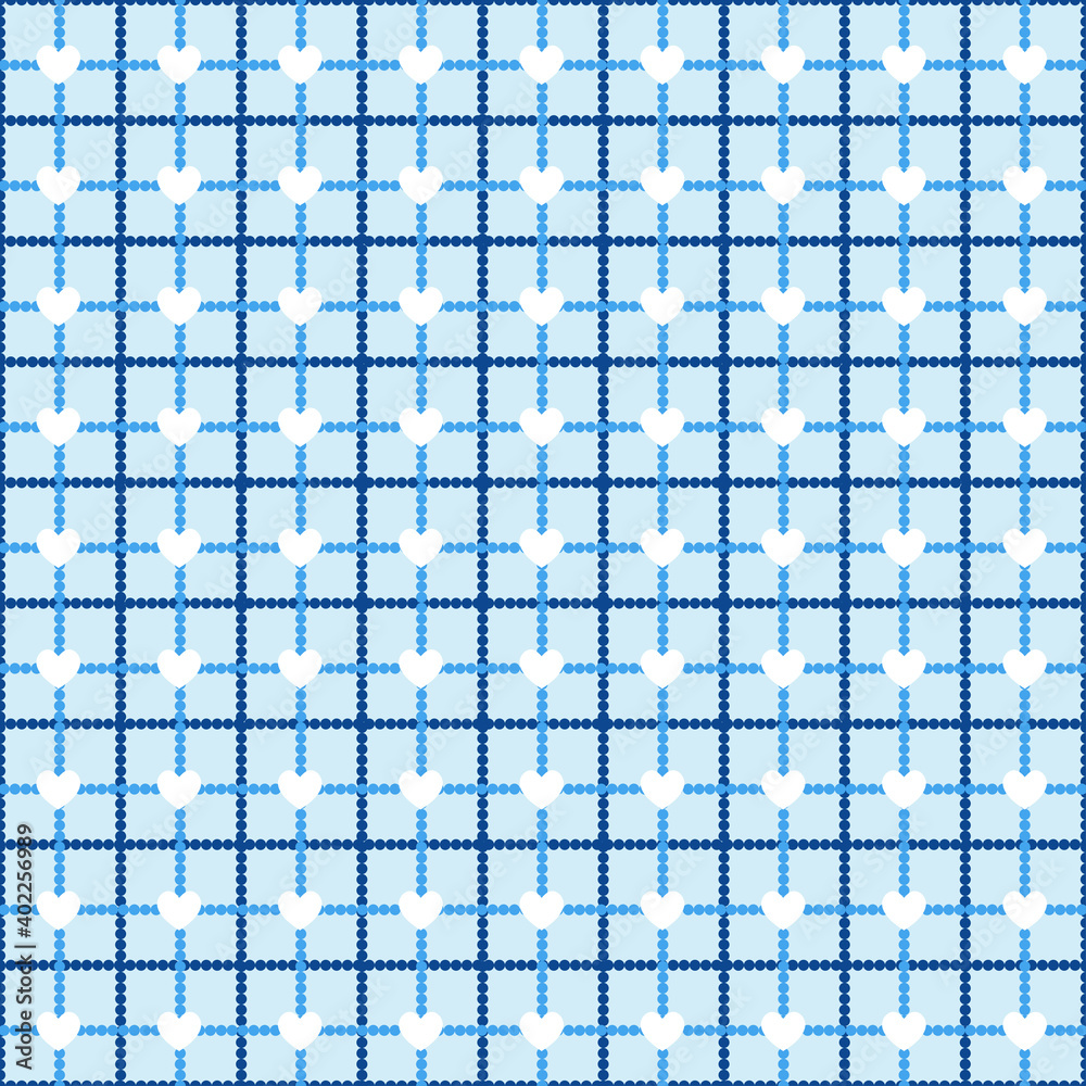 Fototapeta premium Vector seamless checked pattern of light and dark blue dots, white hearts on the light blue background. Geometric pattern for textile, fabrics, wallpaper, print, cover, backdrop, surface, banner