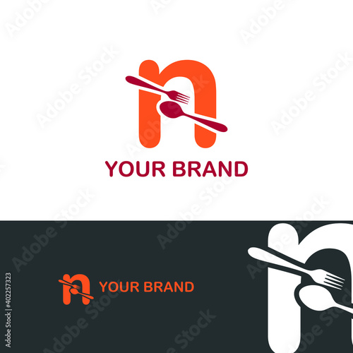 Initial letter n with spoon and fork for restaurant, catering, canteen, kitchen, cook logo design vector concept
