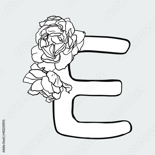 Vector illustration of capital letter E with rose frowers. Isolated hand drawn icon for unique decoration, design, florist, logo, wedding, baby shower, inwitation, greeting cards or busines cards