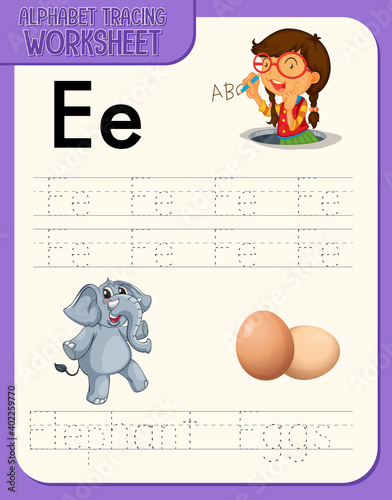 Alphabet tracing worksheet with letter and vocabulary