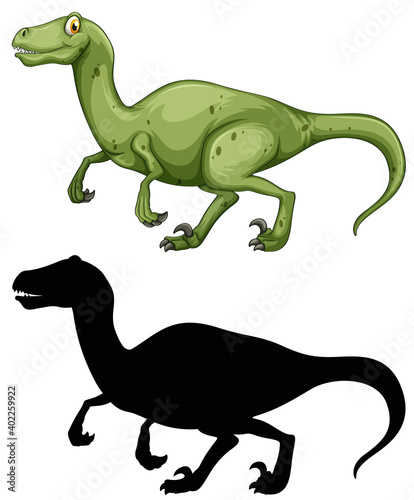 Set of dinosaur cartoon character and its silhouette on white background