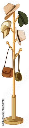 Vintage hats and bags on a hanger stand on white background