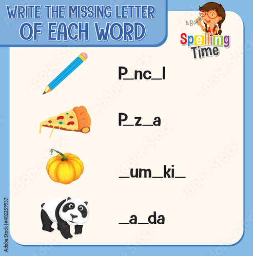 Write the missing letter of each word worksheet for children